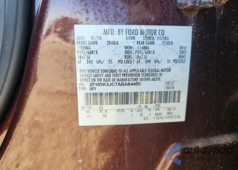 2010 Ford Edge Sel z USA, uszkodzony, nr VIN 2FMDK3JC7ABA84450